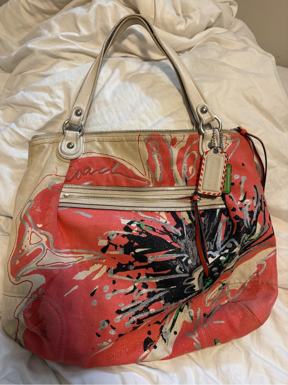 Y2K Coach Poppy Multi Floral Sequence Embroidered Tote. Cream And Coral Details